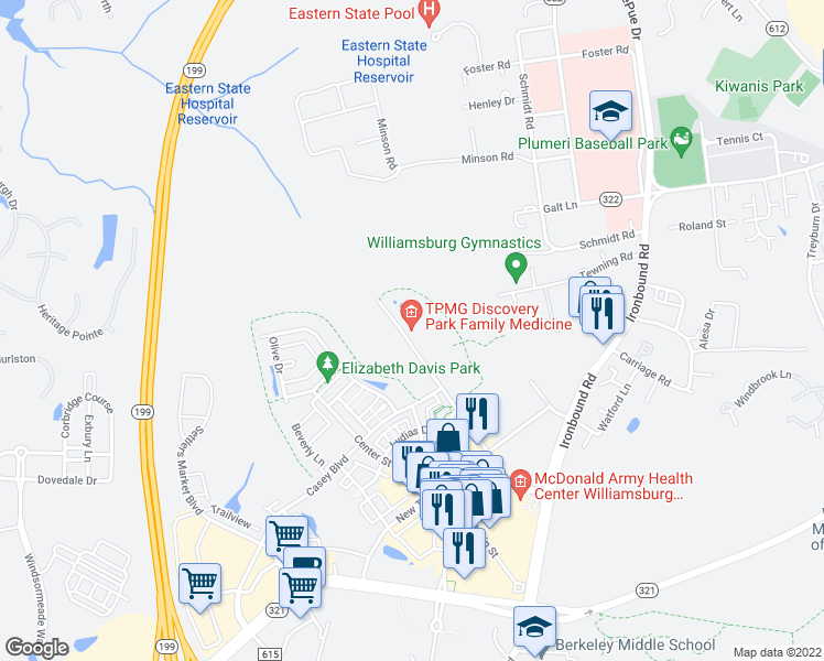 map of restaurants, bars, coffee shops, grocery stores, and more near 5424 Discovery Park Boulevard in Williamsburg