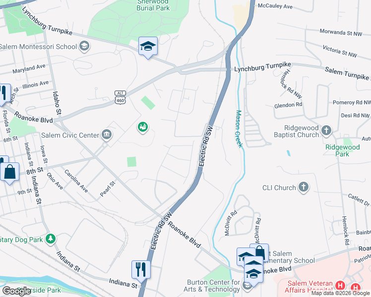 map of restaurants, bars, coffee shops, grocery stores, and more near 630 Catawba Drive in Salem