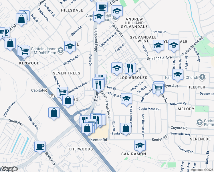map of restaurants, bars, coffee shops, grocery stores, and more near 3828 Seven Trees Boulevard in San Jose