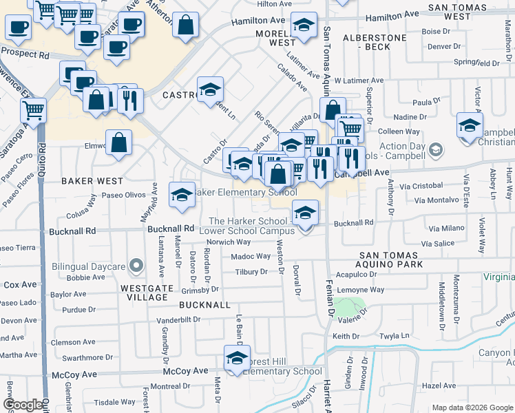 map of restaurants, bars, coffee shops, grocery stores, and more near 127 Winslow Court in Campbell