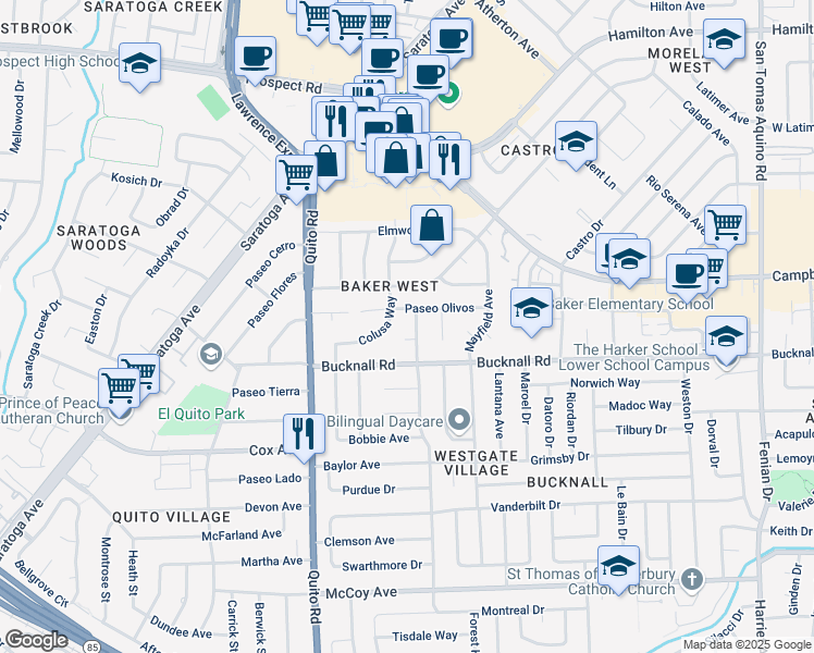 map of restaurants, bars, coffee shops, grocery stores, and more near 5051 Elmgrove Court in San Jose