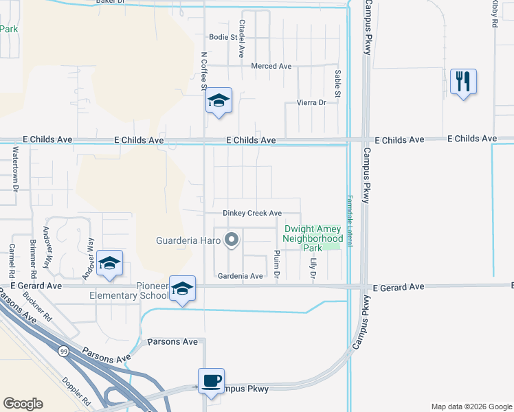 map of restaurants, bars, coffee shops, grocery stores, and more near South Valley Drive in Merced