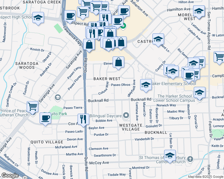 map of restaurants, bars, coffee shops, grocery stores, and more near 5051 Elmgrove Court in San Jose