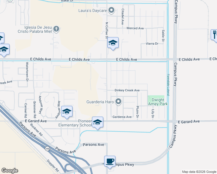 map of restaurants, bars, coffee shops, grocery stores, and more near 227 Blueberry Lane in Merced