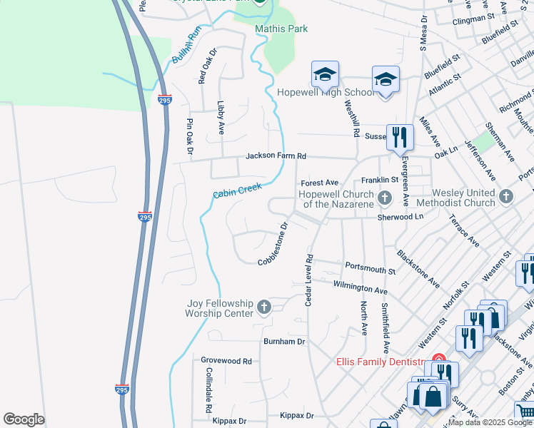 map of restaurants, bars, coffee shops, grocery stores, and more near 3517 Cobblestone Terrace in Hopewell