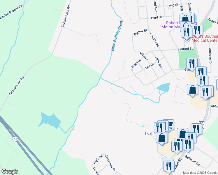 map of restaurants, bars, coffee shops, grocery stores, and more near 1708 Lee Drive in Farmville