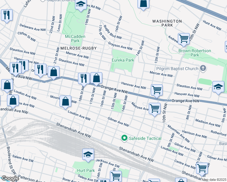 map of restaurants, bars, coffee shops, grocery stores, and more near 1506 Orange Avenue Northwest in Roanoke