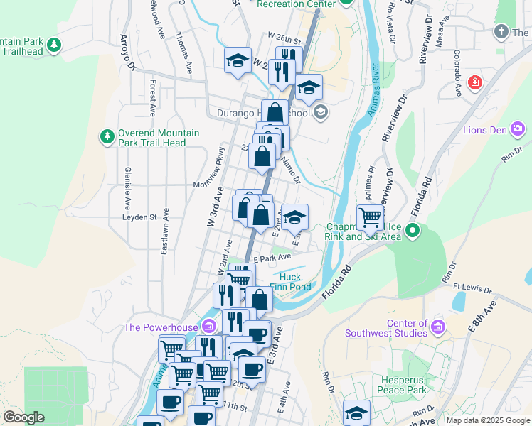 map of restaurants, bars, coffee shops, grocery stores, and more near 1854 Main Avenue in Durango