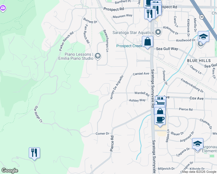 map of restaurants, bars, coffee shops, grocery stores, and more near 12675 Arroyo De Arguello in Saratoga