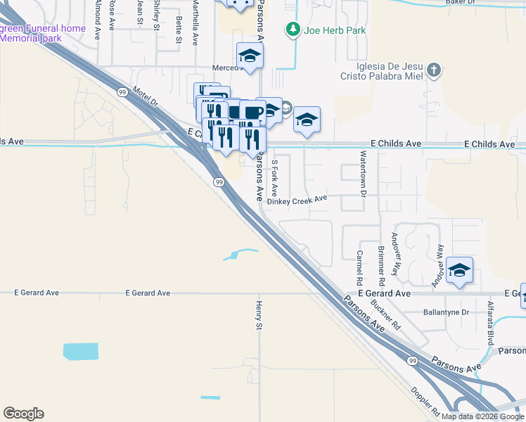 map of restaurants, bars, coffee shops, grocery stores, and more near 238 South Parsons Avenue in Merced