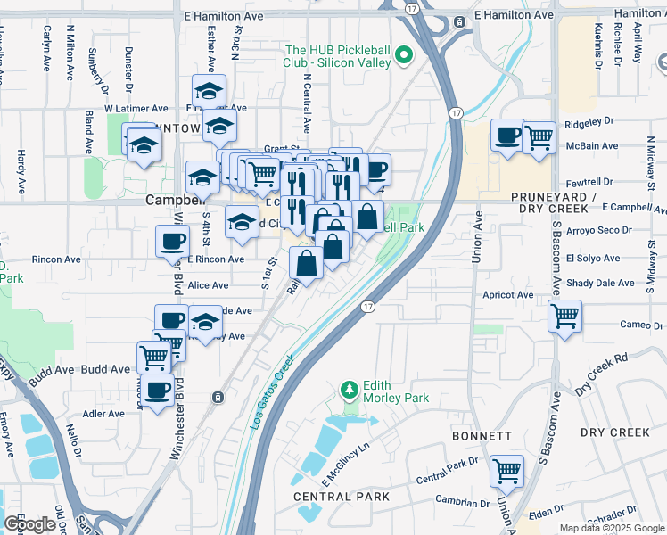 map of restaurants, bars, coffee shops, grocery stores, and more near 190 Dillon Avenue in Campbell