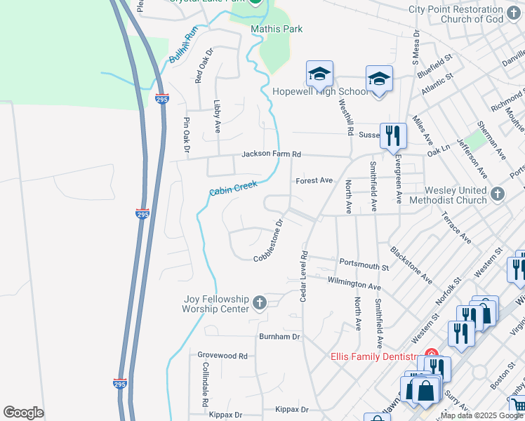 map of restaurants, bars, coffee shops, grocery stores, and more near 3517 Cobblestone Terrace in Hopewell