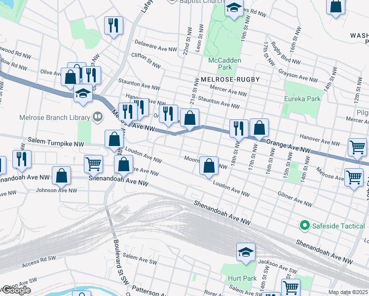 map of restaurants, bars, coffee shops, grocery stores, and more near 2031 Moorman Avenue Northwest in Roanoke
