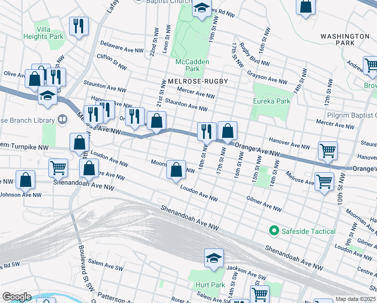map of restaurants, bars, coffee shops, grocery stores, and more near 1828 Melrose Avenue Northwest in Roanoke
