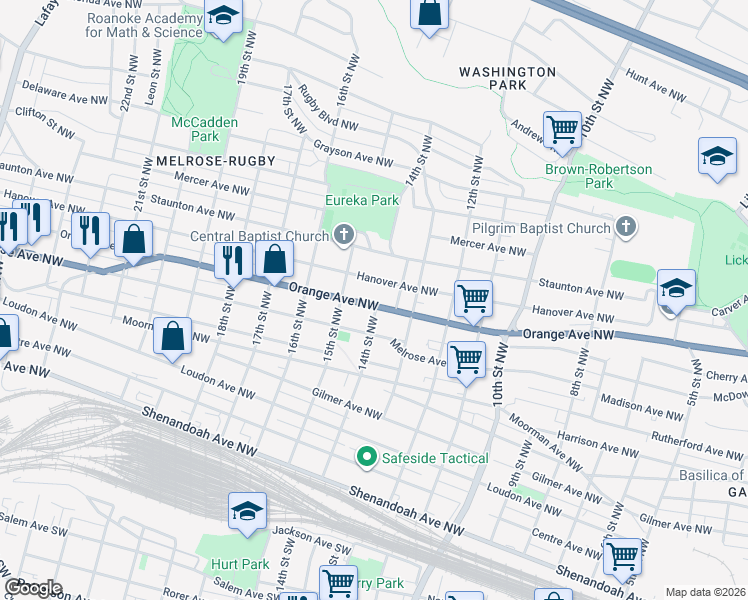 map of restaurants, bars, coffee shops, grocery stores, and more near 1423 Orange Avenue Northwest in Roanoke