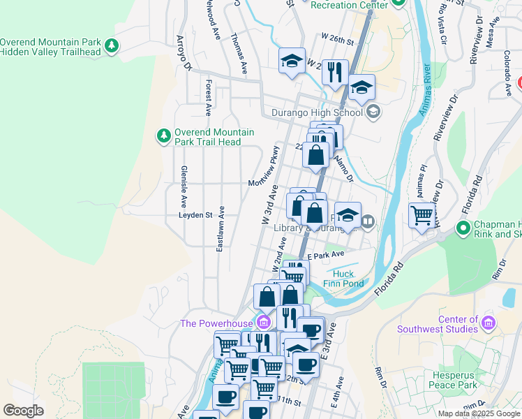 map of restaurants, bars, coffee shops, grocery stores, and more near 1803 West 3rd Avenue in Durango