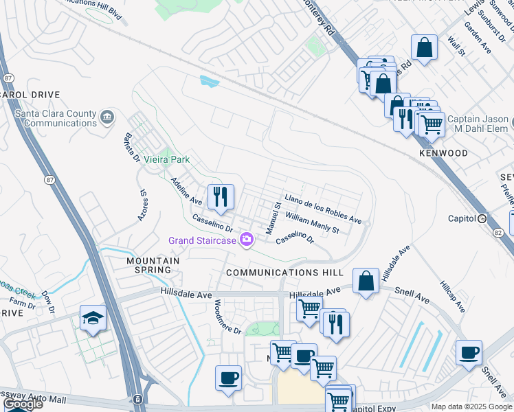 map of restaurants, bars, coffee shops, grocery stores, and more near 3078 Lina Loop in San Jose