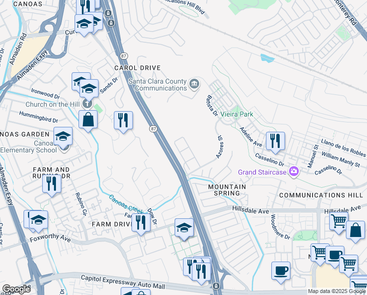 map of restaurants, bars, coffee shops, grocery stores, and more near 2950 Rorty Drive in San Jose