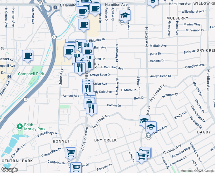 map of restaurants, bars, coffee shops, grocery stores, and more near 1139 Shady Dale Avenue in Campbell