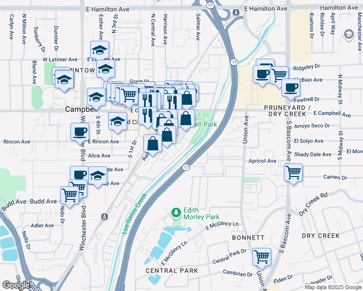 map of restaurants, bars, coffee shops, grocery stores, and more near 134 Lottie Lane in Campbell