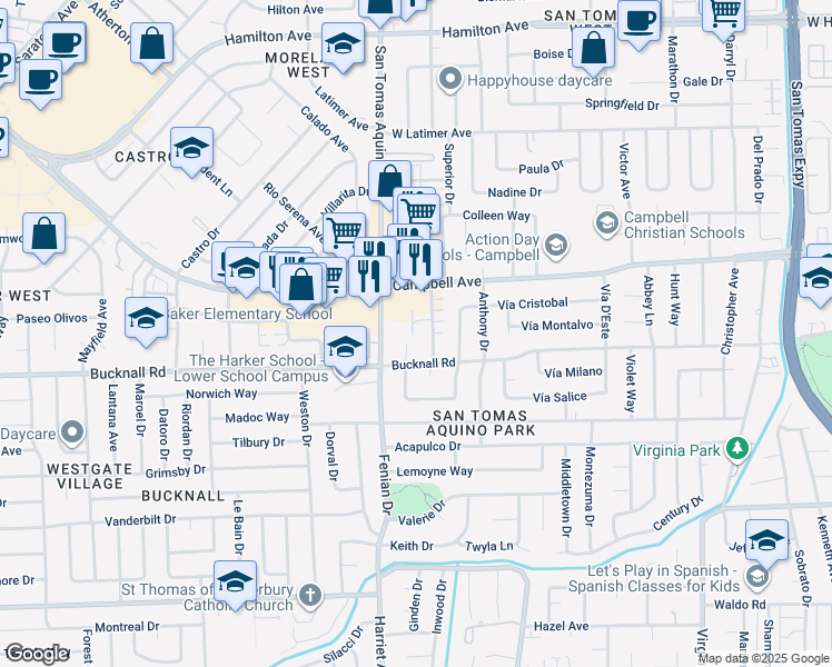 map of restaurants, bars, coffee shops, grocery stores, and more near 2084 La Miel Court in Campbell