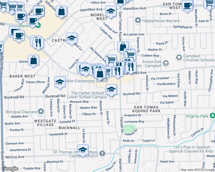 map of restaurants, bars, coffee shops, grocery stores, and more near 1665 Whitwood Lane in Campbell