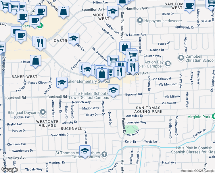 map of restaurants, bars, coffee shops, grocery stores, and more near 1665 Whitwood Lane in Campbell