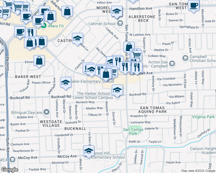 map of restaurants, bars, coffee shops, grocery stores, and more near 150 Payman Place in Campbell