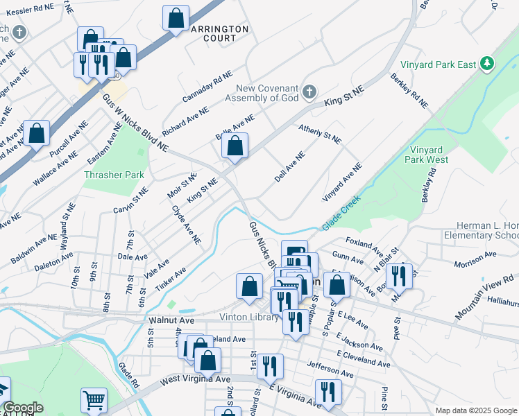 map of restaurants, bars, coffee shops, grocery stores, and more near 301-499 Gus Nicks Blvd in Roanoke