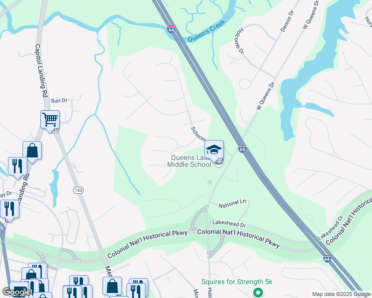 map of restaurants, bars, coffee shops, grocery stores, and more near 111 Spinnaker Way in Williamsburg