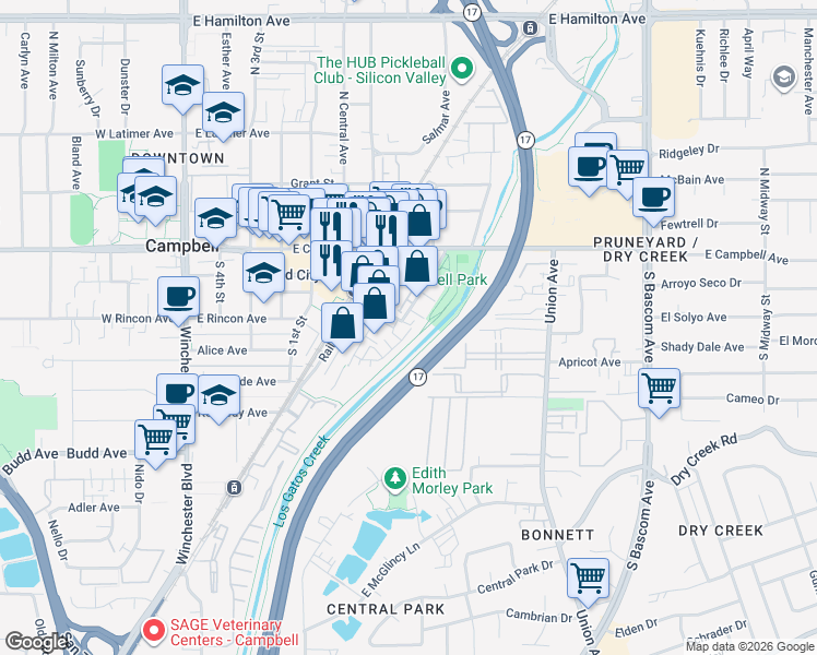 map of restaurants, bars, coffee shops, grocery stores, and more near 134 Lottie Lane in Campbell
