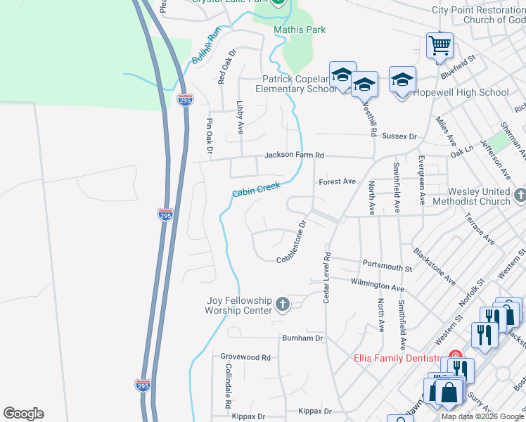 map of restaurants, bars, coffee shops, grocery stores, and more near 302 Carriage House Court in Hopewell