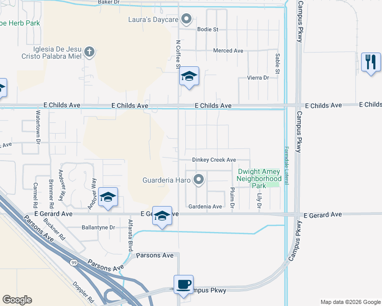 map of restaurants, bars, coffee shops, grocery stores, and more near 135 Blueberry Lane in Merced