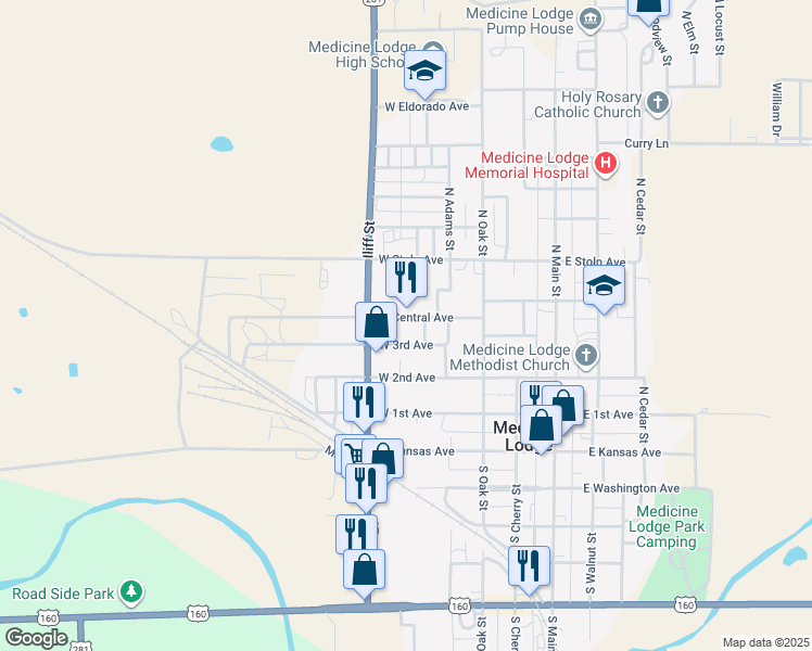 map of restaurants, bars, coffee shops, grocery stores, and more near 403 West Central Avenue in Medicine Lodge