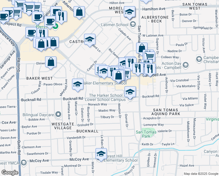 map of restaurants, bars, coffee shops, grocery stores, and more near 94 Winslow Court in Campbell