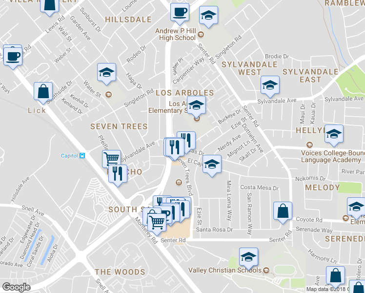 map of restaurants, bars, coffee shops, grocery stores, and more near 3597 Cas Drive in San Jose
