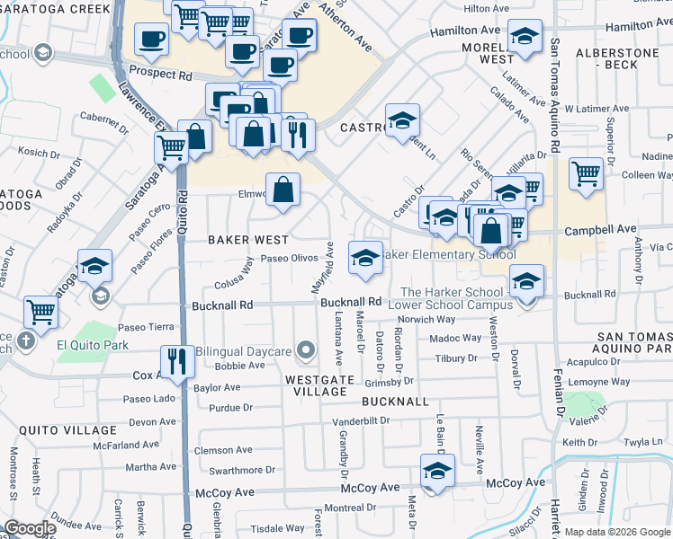 map of restaurants, bars, coffee shops, grocery stores, and more near 2048 Mayfield Avenue in San Jose
