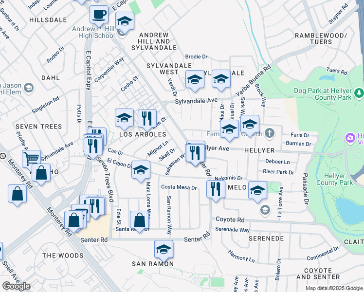 map of restaurants, bars, coffee shops, grocery stores, and more near 3908 Arden Farms Place in San Jose