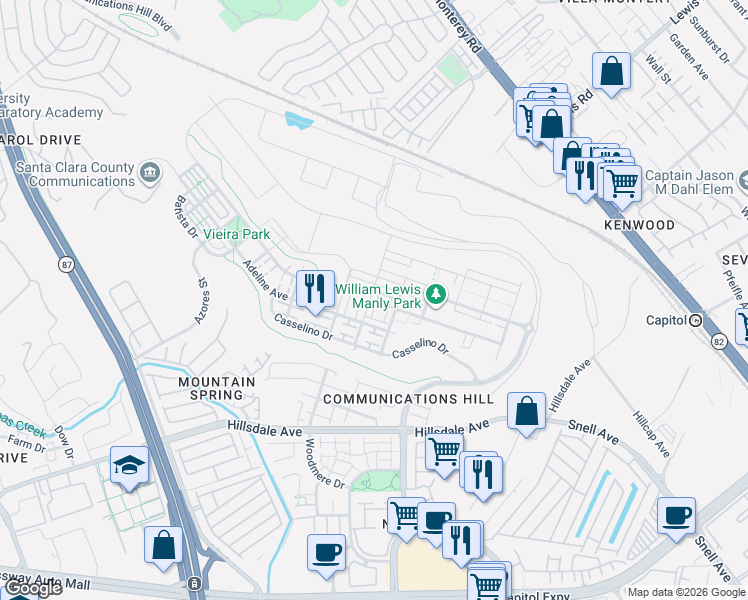 map of restaurants, bars, coffee shops, grocery stores, and more near 3078 Lina Loop in San Jose