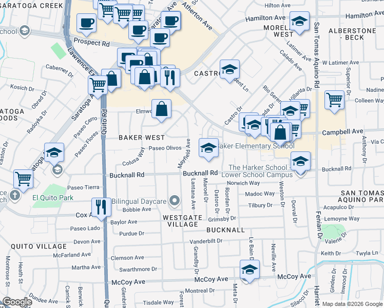 map of restaurants, bars, coffee shops, grocery stores, and more near 2048 Mayfield Avenue in San Jose