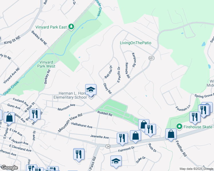 map of restaurants, bars, coffee shops, grocery stores, and more near 916 Olney Road in Vinton
