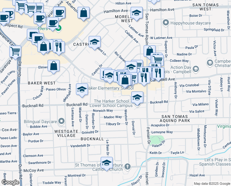 map of restaurants, bars, coffee shops, grocery stores, and more near 94 Winslow Court in Campbell