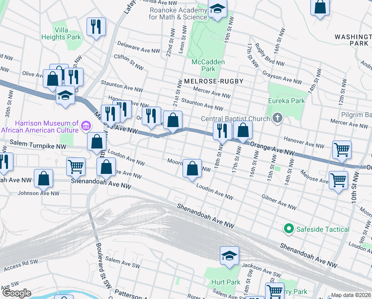 map of restaurants, bars, coffee shops, grocery stores, and more near 513 20th Street Northwest in Roanoke