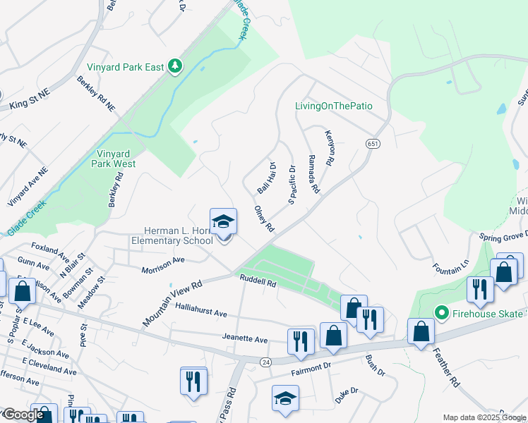map of restaurants, bars, coffee shops, grocery stores, and more near 916 Olney Road in Vinton