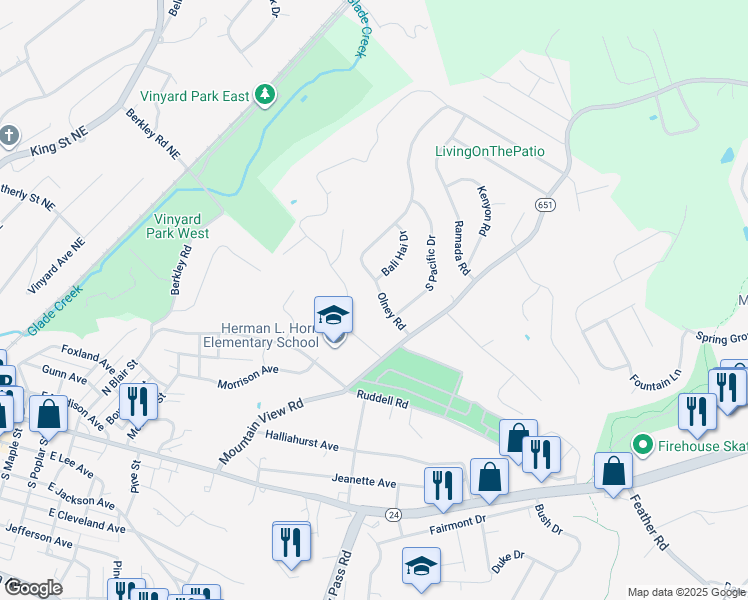 map of restaurants, bars, coffee shops, grocery stores, and more near 909 Olney Road in Vinton