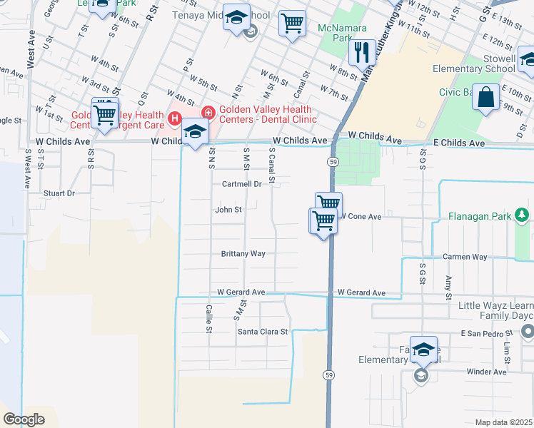 map of restaurants, bars, coffee shops, grocery stores, and more near 563 Margaret Court in Merced