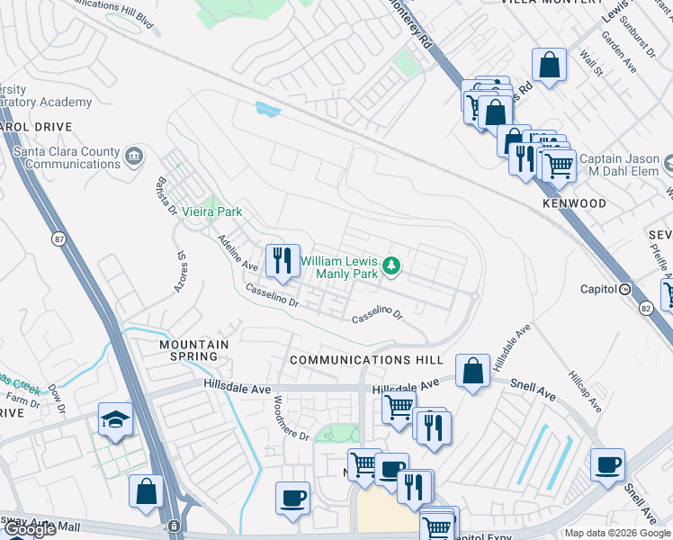 map of restaurants, bars, coffee shops, grocery stores, and more near 3078 Lina Loop in San Jose
