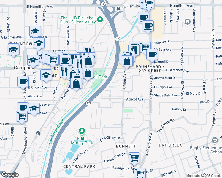 map of restaurants, bars, coffee shops, grocery stores, and more near 215 Union Avenue in Campbell