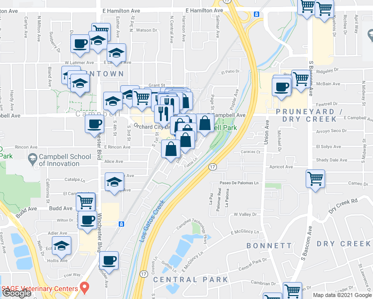 map of restaurants, bars, coffee shops, grocery stores, and more near 410 Robin Ridge Way in Campbell