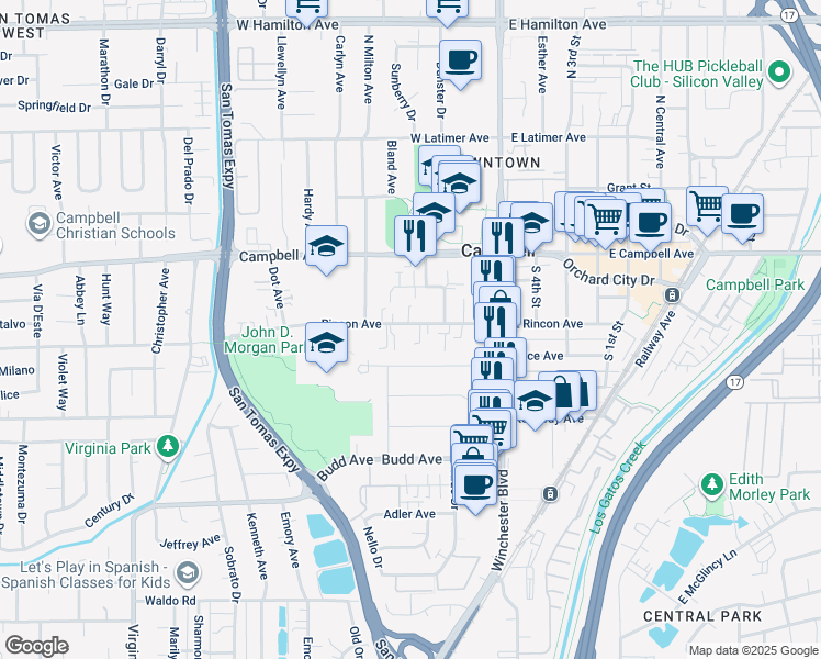 map of restaurants, bars, coffee shops, grocery stores, and more near 170 West Rincon Avenue in Campbell